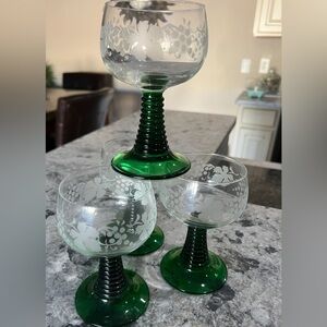 Green Stem Etched Glass Goblets